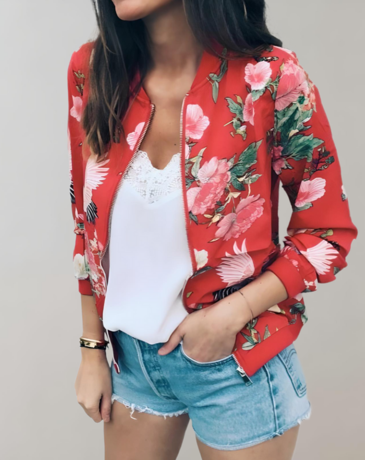 Faustine - Blouson bomber femme fleuri, zippé poignets côtelés