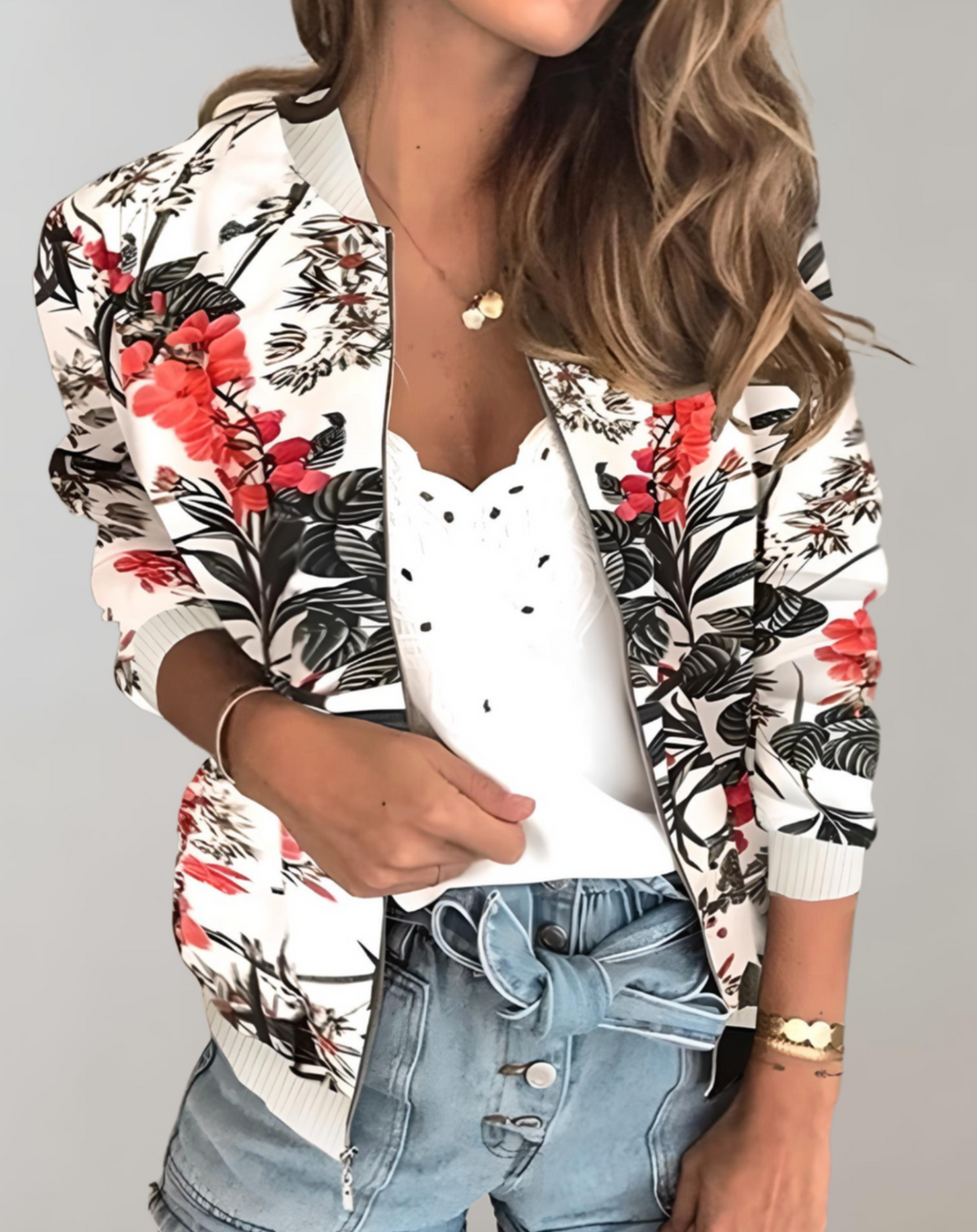 Faustine - Blouson bomber femme fleuri, zippé poignets côtelés