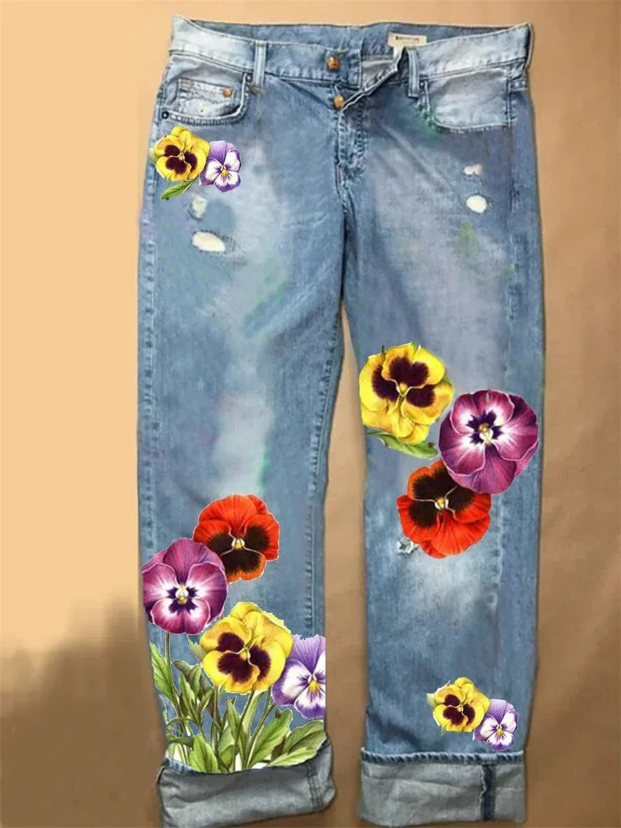 Emma - Jean femme coupe droite, imprimé fleuri