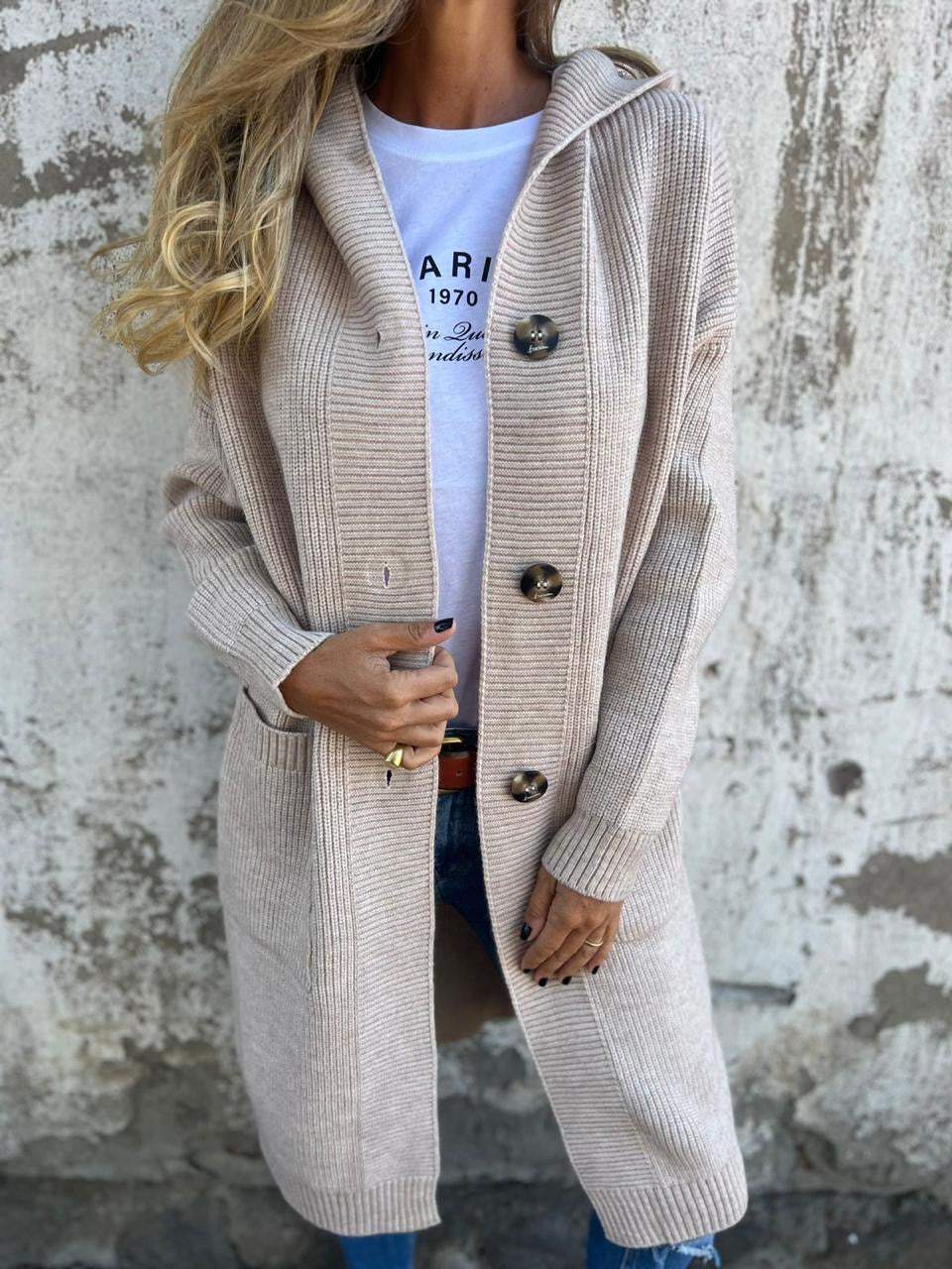 Jeanne - Cardigan long femme à capuche, boutons
