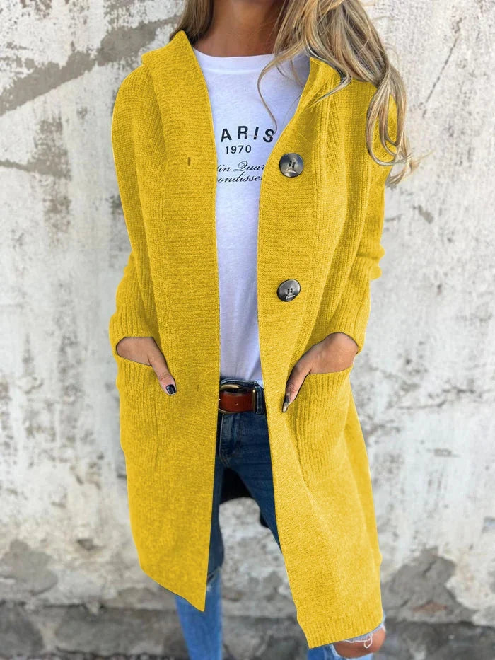Jeanne - Cardigan long femme à capuche, boutons