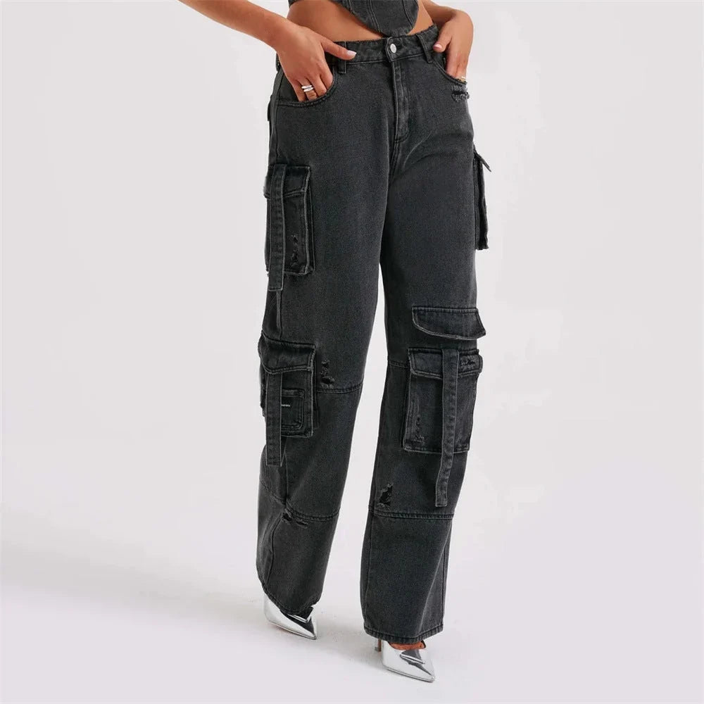 Camille - Jean cargo femme taille basse, effet usé