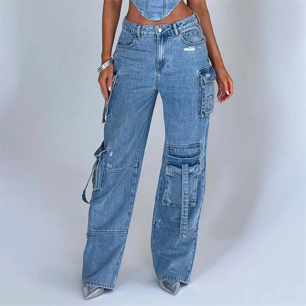 Camille - Jean cargo femme taille basse, effet usé