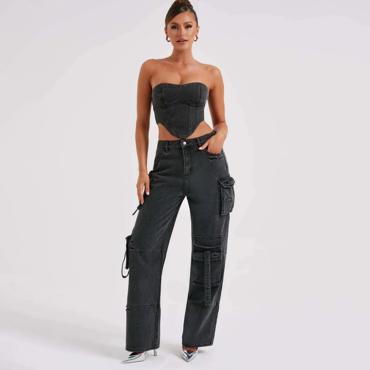 Camille - Jean cargo femme taille basse, effet usé