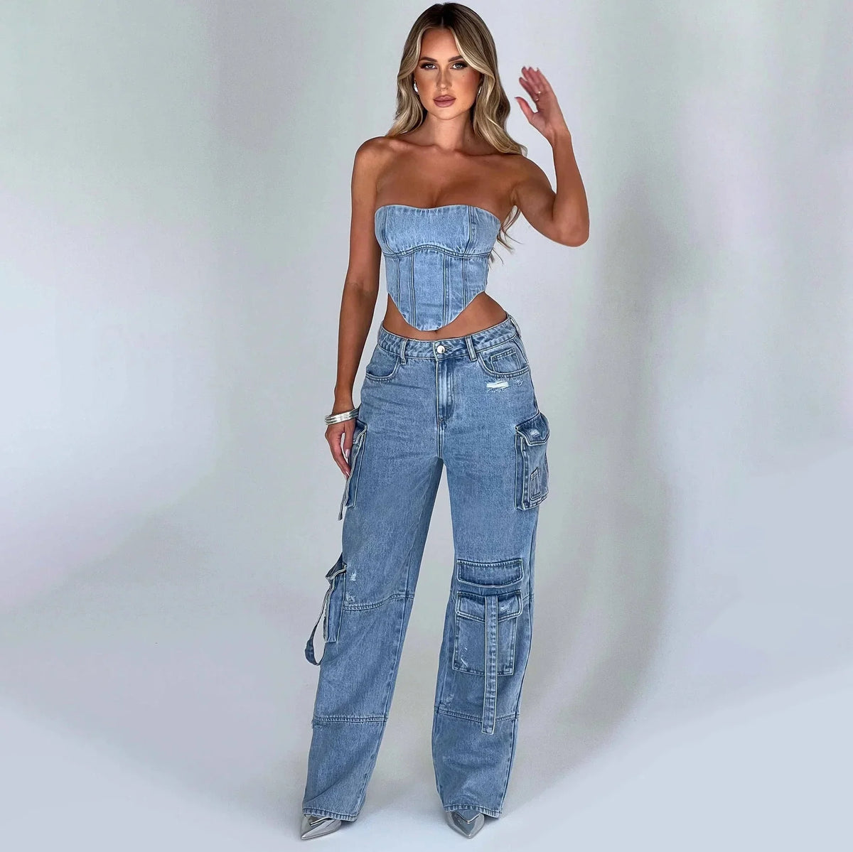 Camille - Jean cargo femme taille basse, effet usé