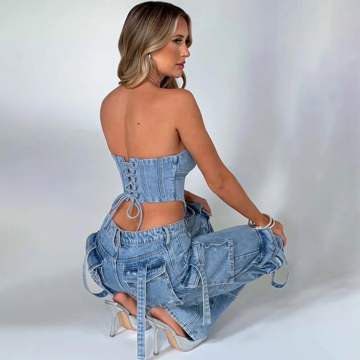 Camille - Jean cargo femme taille basse, effet usé