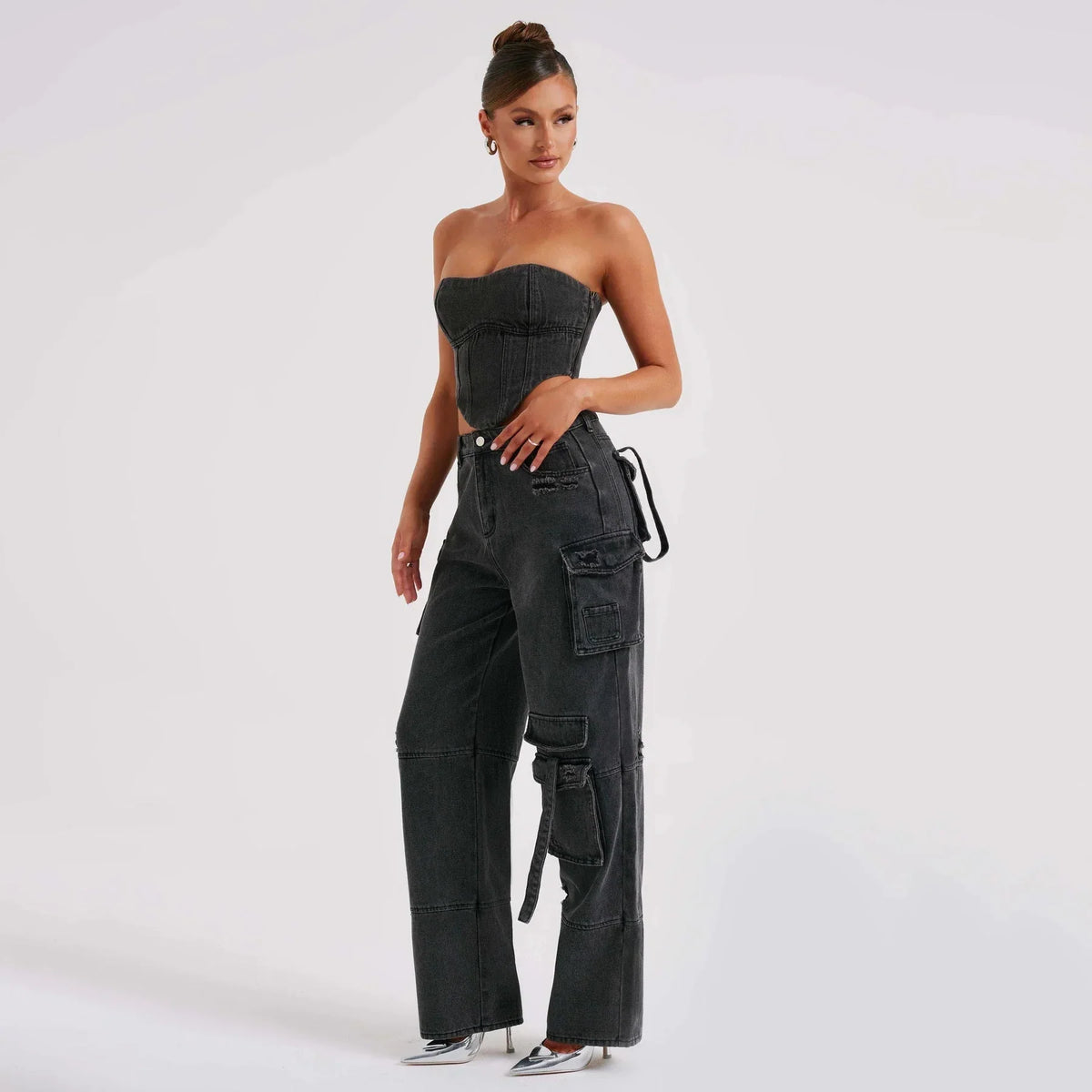 Camille - Jean cargo femme taille basse, effet usé