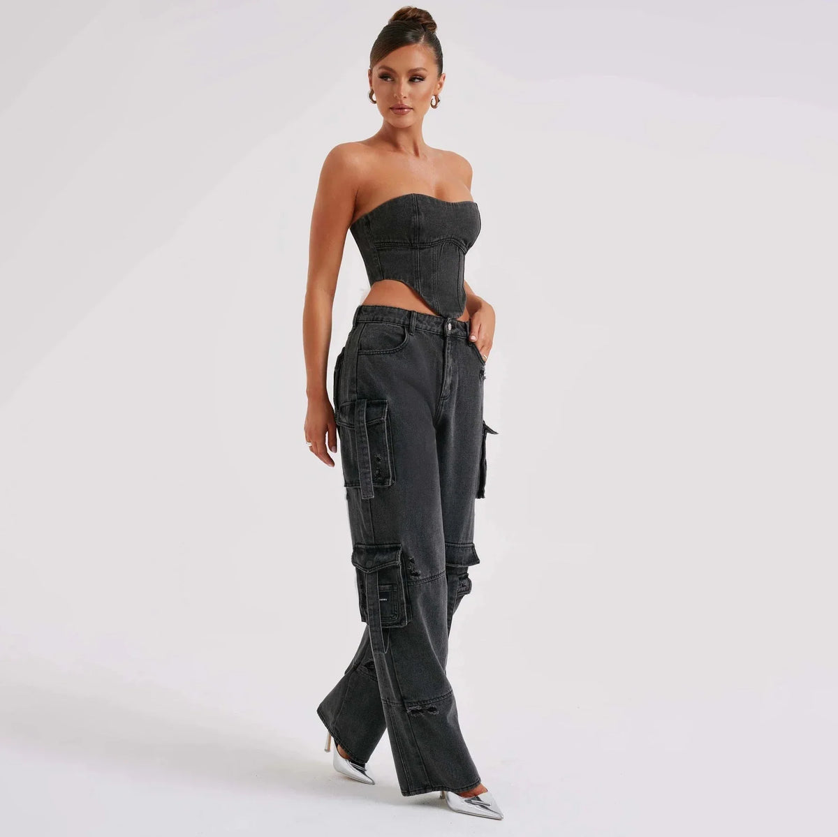 Camille - Jean cargo femme taille basse, effet usé