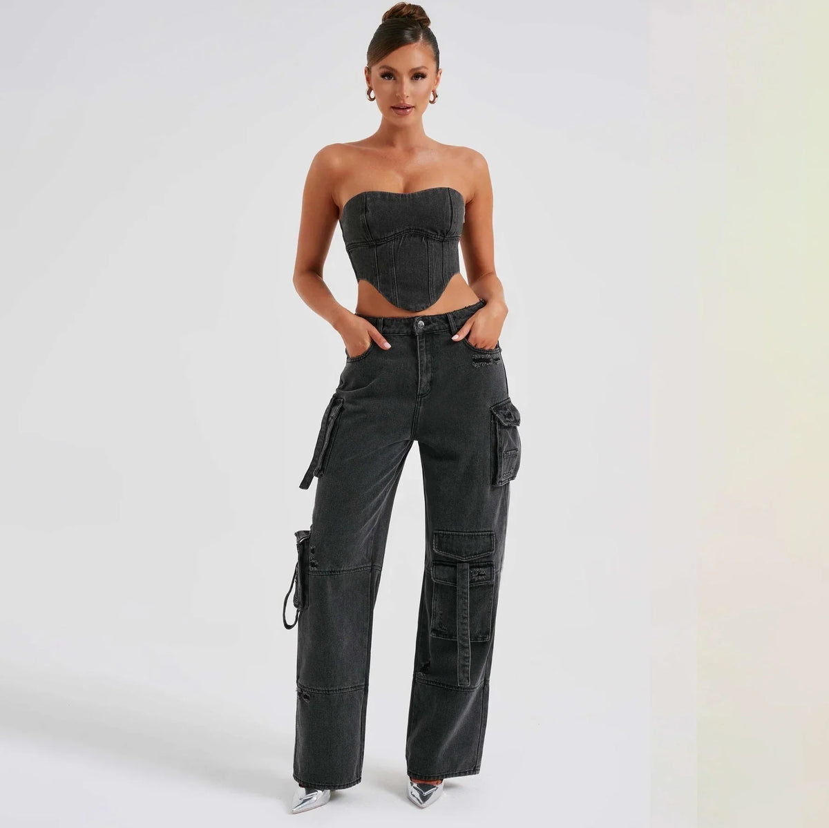 Camille - Jean cargo femme taille basse, effet usé