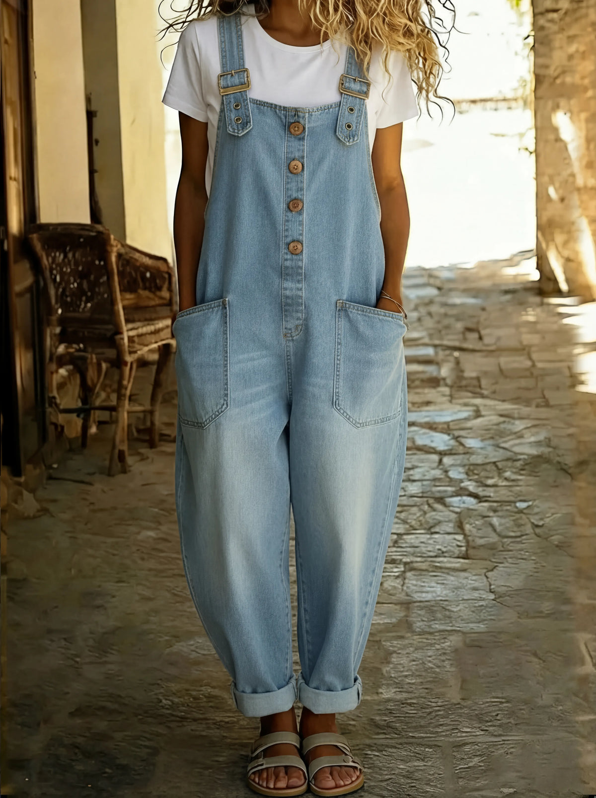 Jade - Salopette femme large en denim, boutonnée