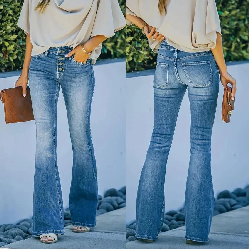 Inès - Jean flare femme taille haute, denim stretch
