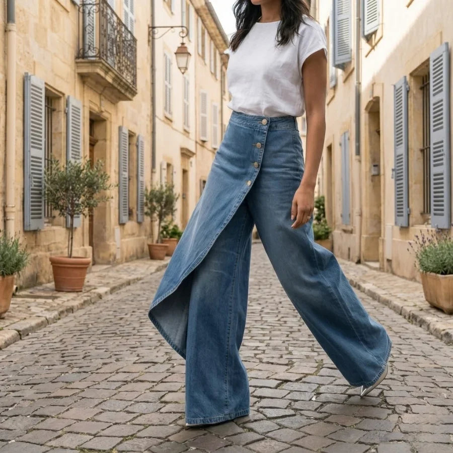 Lucie - Jean femme large, portefeuille asymétrique
