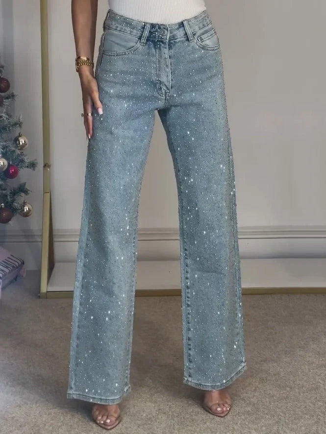 Clara - Jean femme large taille haute, strass