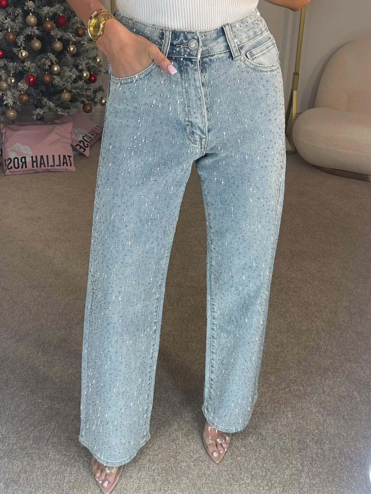 Clara - Jean femme large taille haute, strass
