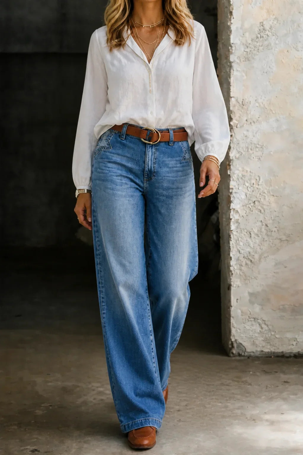 Léa - Jean femme taille haute, jambe large en denim