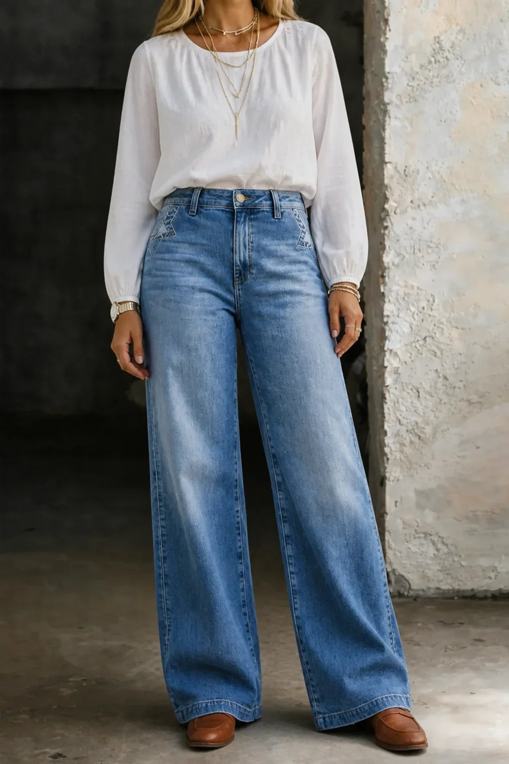 Léa - Jean femme taille haute, jambe large en denim