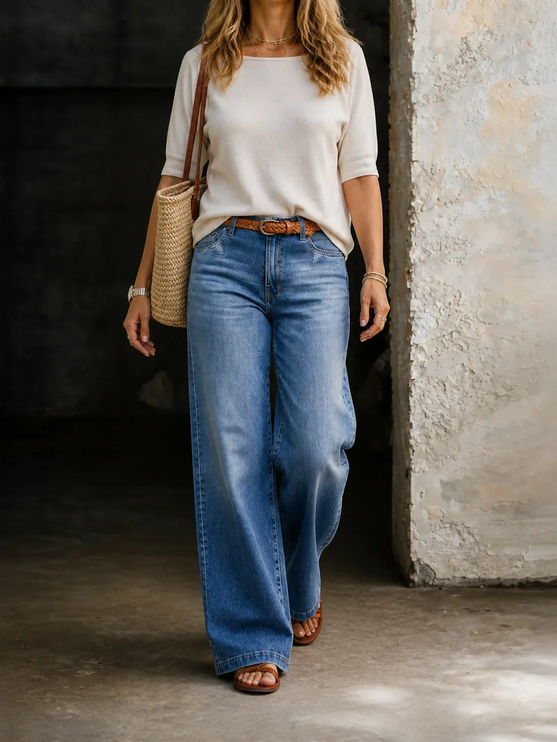 Léa - Jean femme taille haute, jambe large en denim