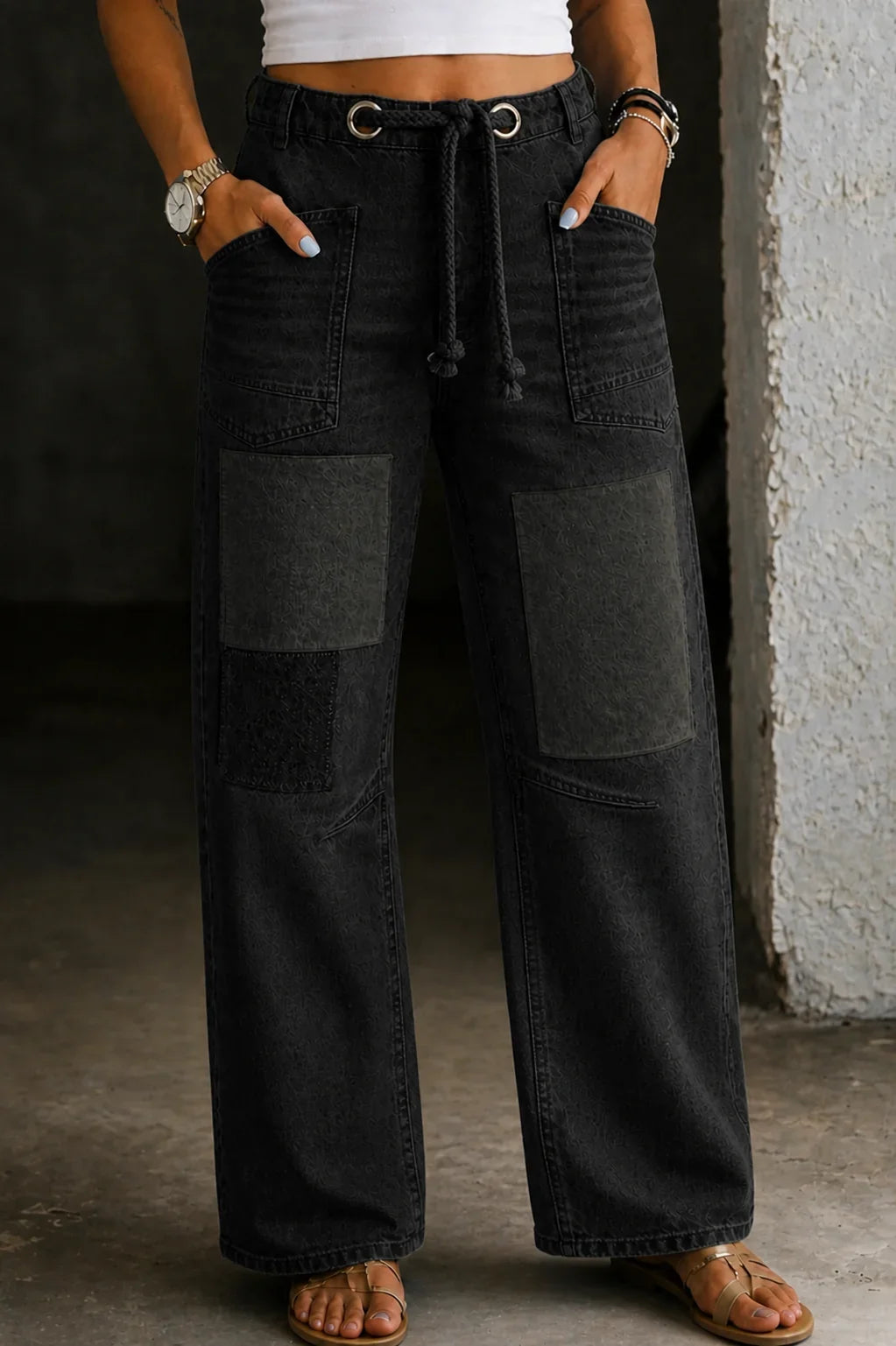 Manon - Jean femme large patchwork, taille à cordon