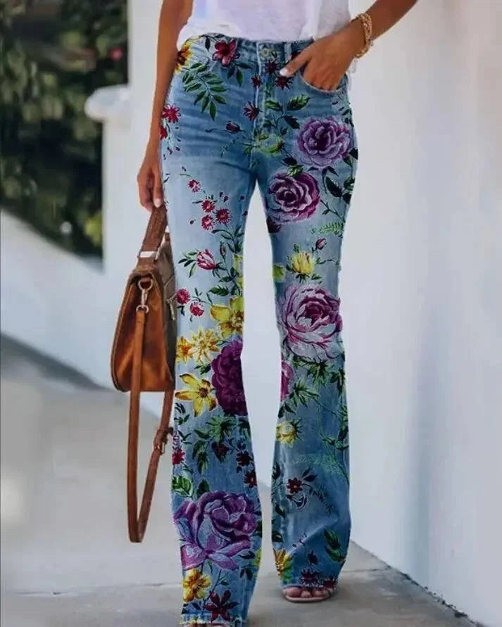 Juliette - Jean baggy femme taille basse, flare fleuri