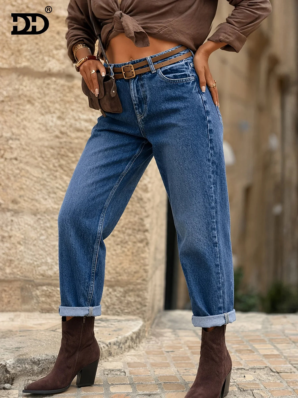 Anaïs - Jean mom femme taille haute, ourlet revers