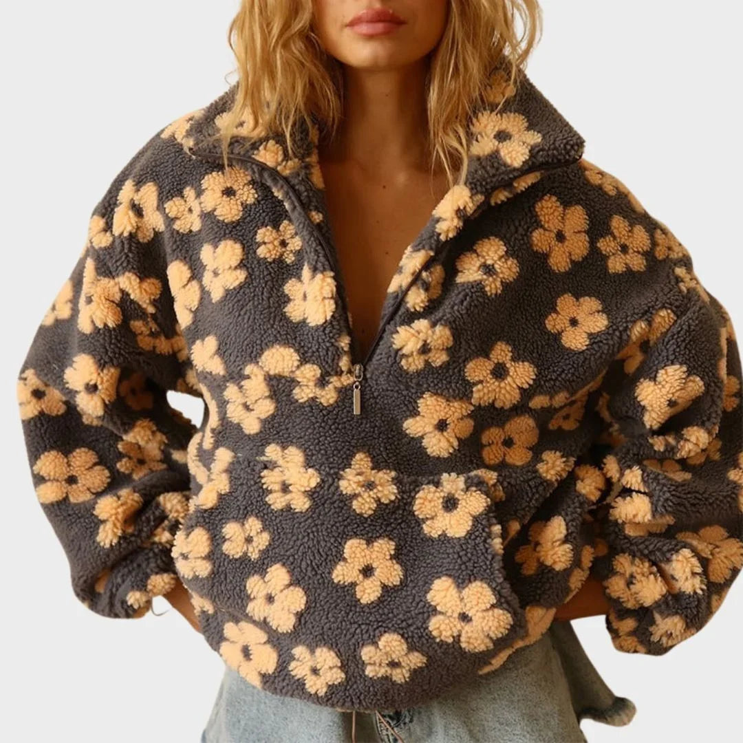 Sabine - Pull femme zippé, maille fleurie