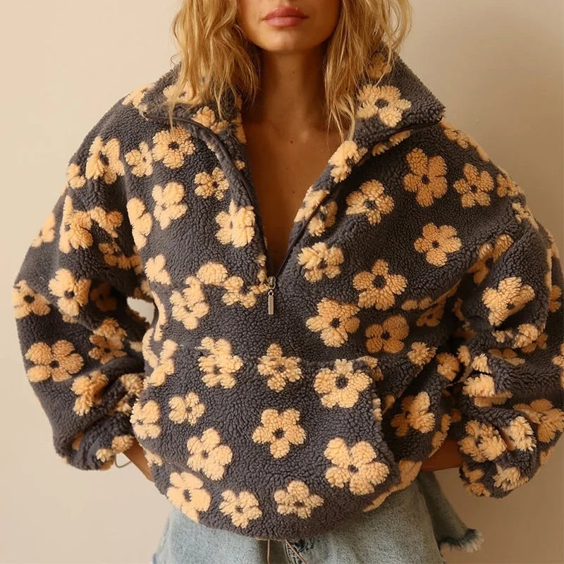 Sabine - Pull femme zippé, maille fleurie