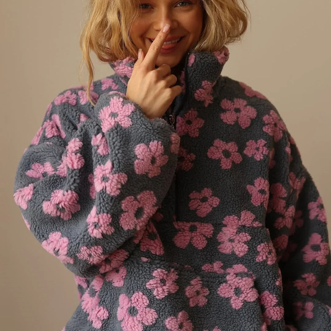 Sabine - Pull femme zippé, maille fleurie