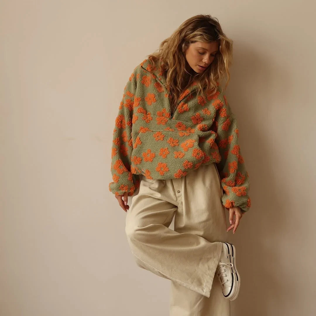 Sabine - Pull femme zippé, maille fleurie