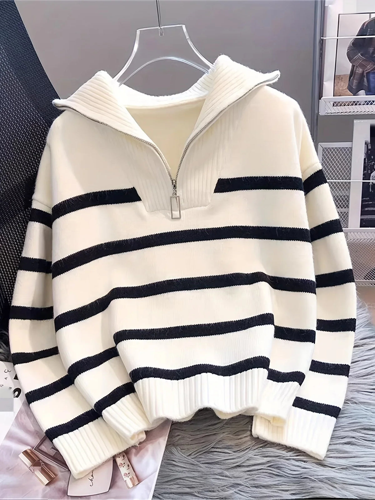 Viviane - Pull femme zippé, maille côtelée rayée