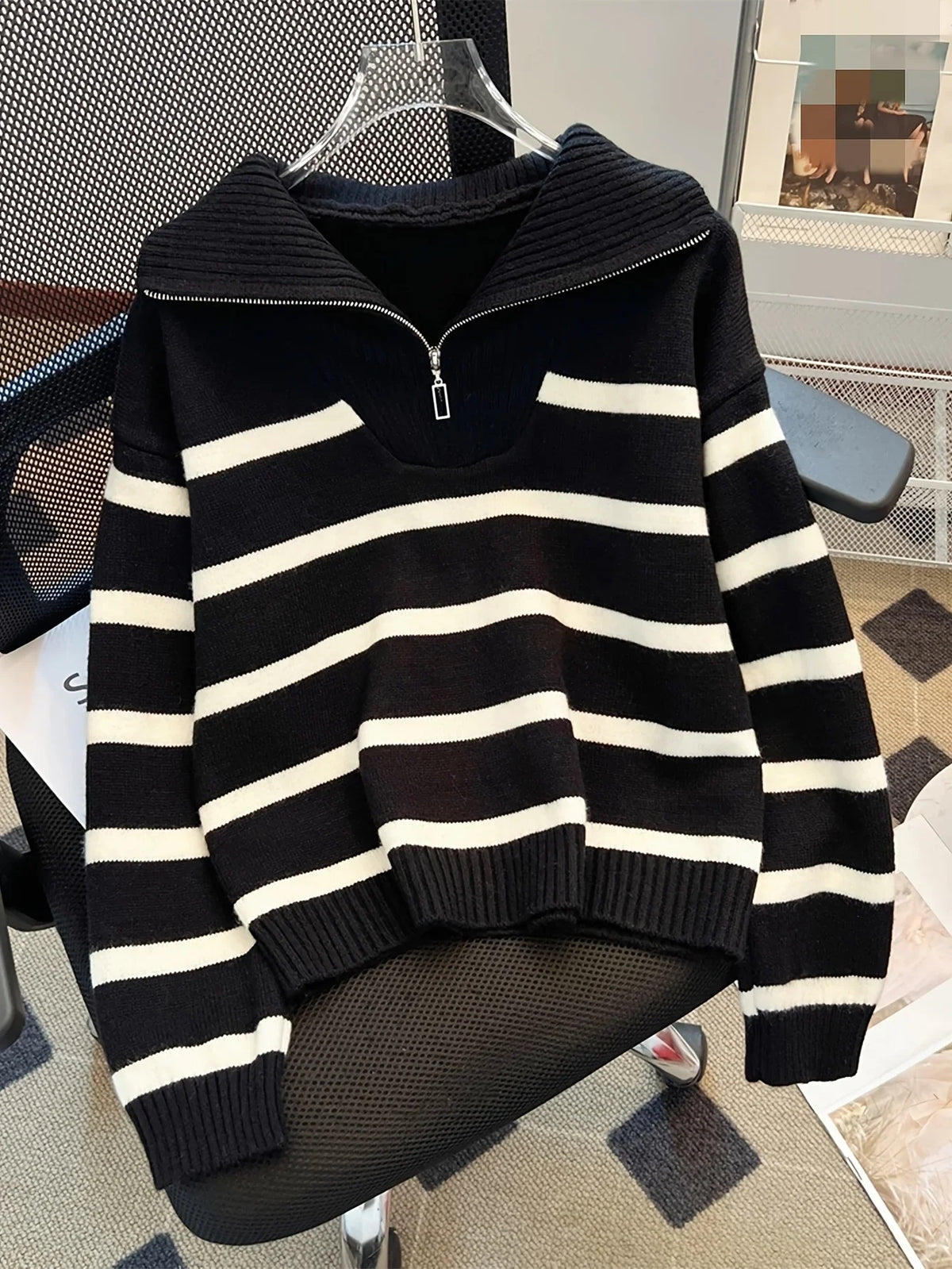 Viviane - Pull femme zippé, maille côtelée rayée
