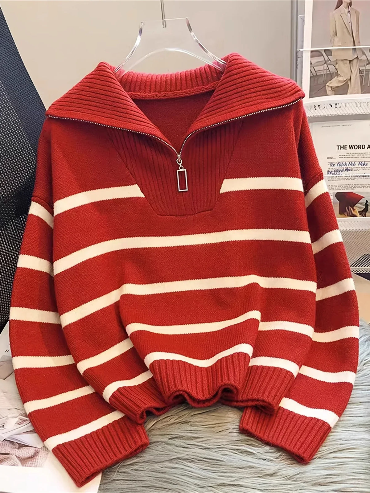 Viviane - Pull femme zippé, maille côtelée rayée