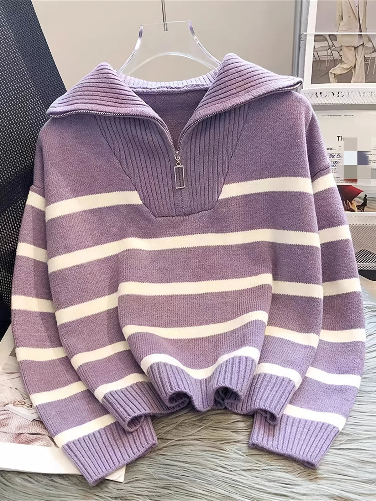 Viviane - Pull femme zippé, maille côtelée rayée
