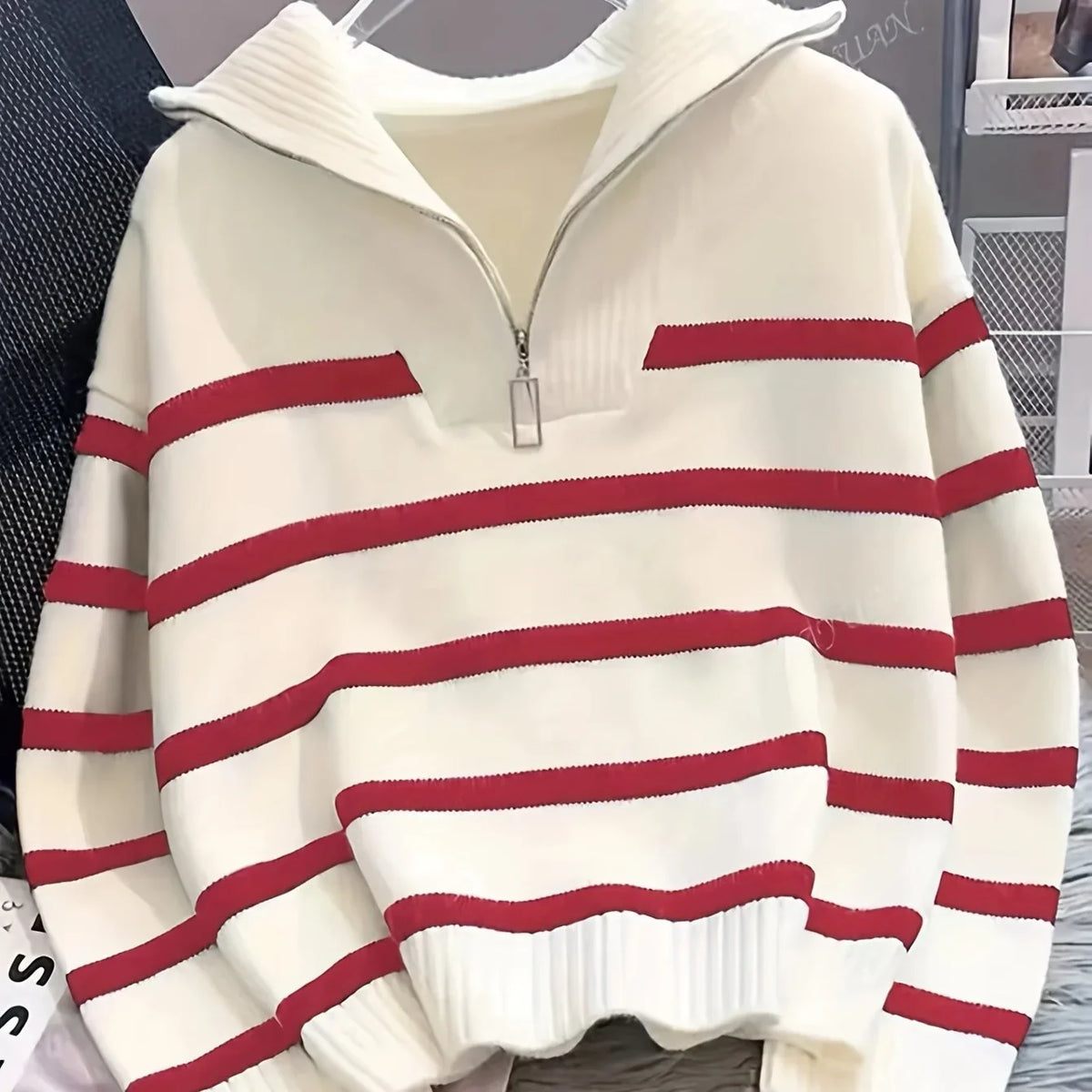 Viviane - Pull femme zippé, maille côtelée rayée