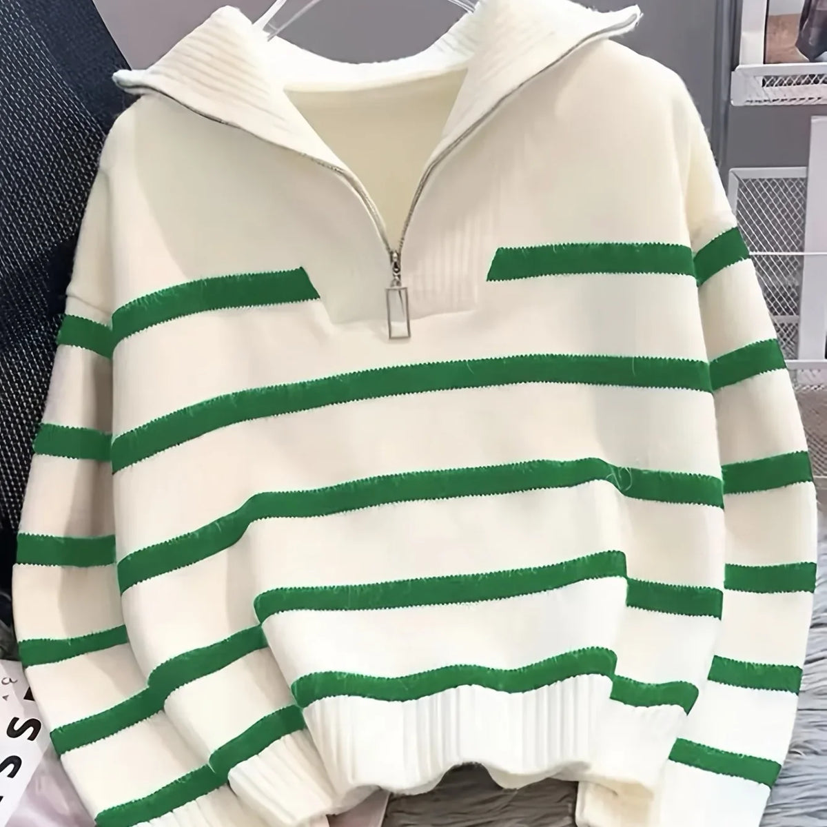 Viviane - Pull femme zippé, maille côtelée rayée