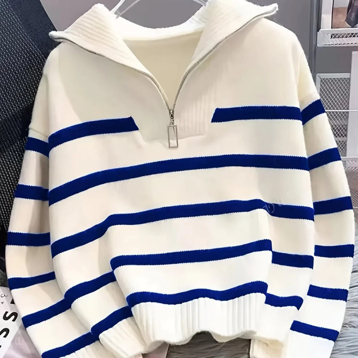 Viviane - Pull femme zippé, maille côtelée rayée