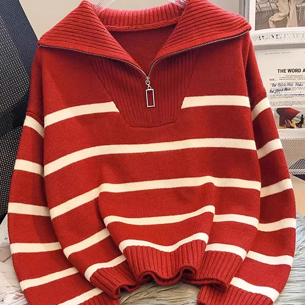 Viviane - Pull femme zippé, maille côtelée rayée