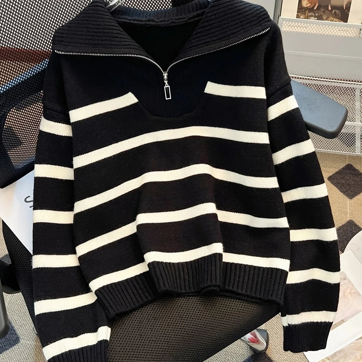 Viviane - Pull femme zippé, maille côtelée rayée