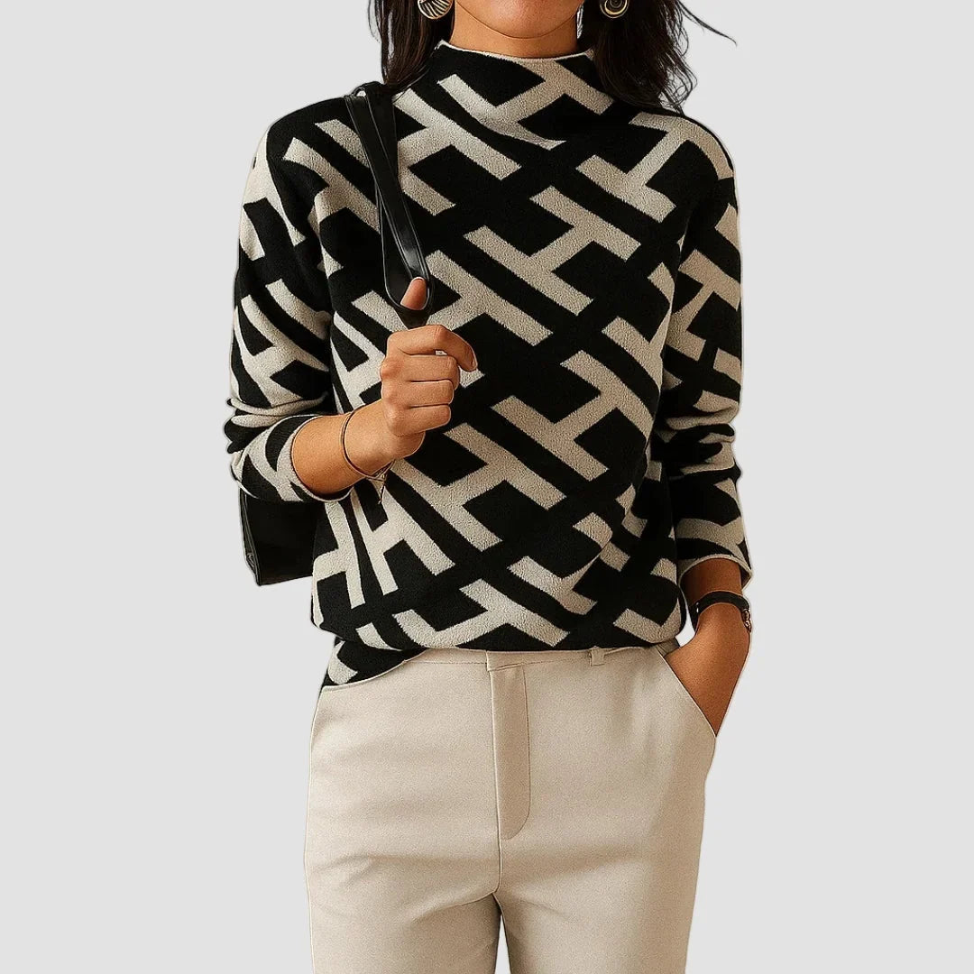 Ninon - Pull femme col montant, maille géométrique