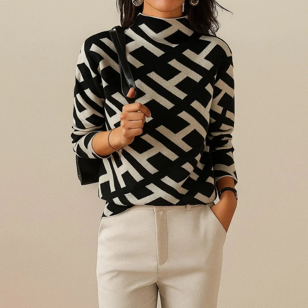 Ninon - Pull femme col montant, maille géométrique
