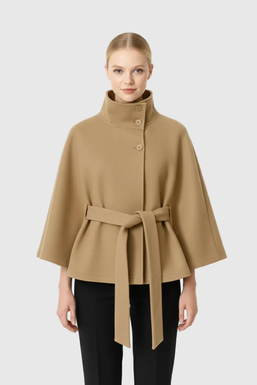 Adèle - Manteau en laine femme, col haut, cape ceinturée