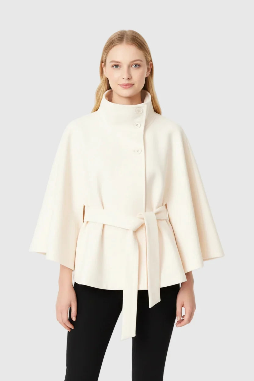 Adèle - Manteau en laine femme, col haut, cape ceinturée