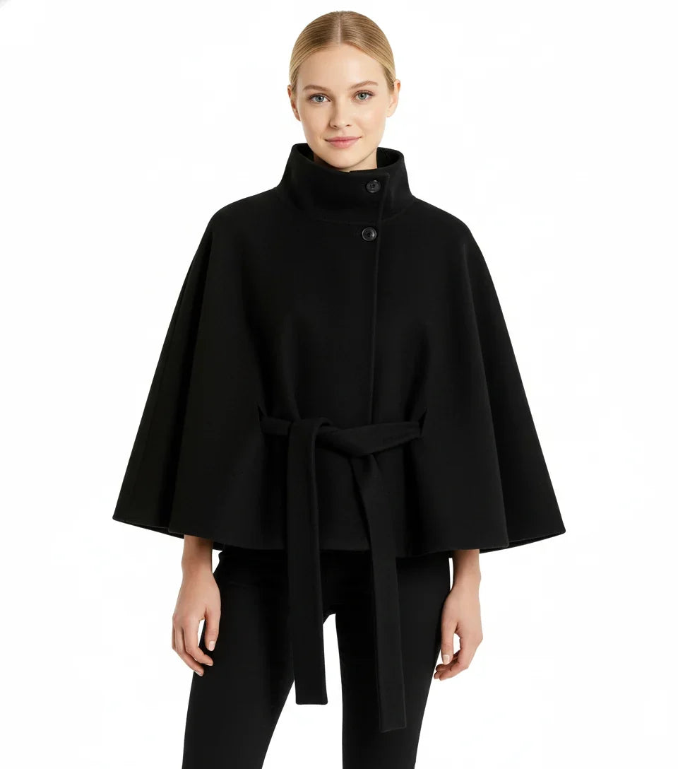 Adèle - Manteau en laine femme, col haut, cape ceinturée