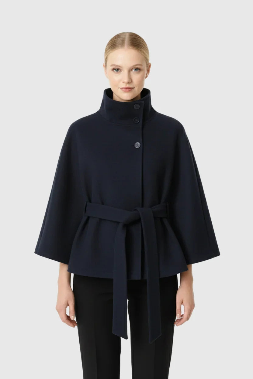 Adèle - Manteau en laine femme, col haut, cape ceinturée