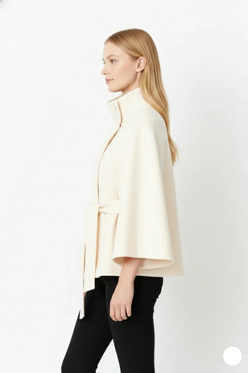 Adèle - Manteau en laine femme, col haut, cape ceinturée
