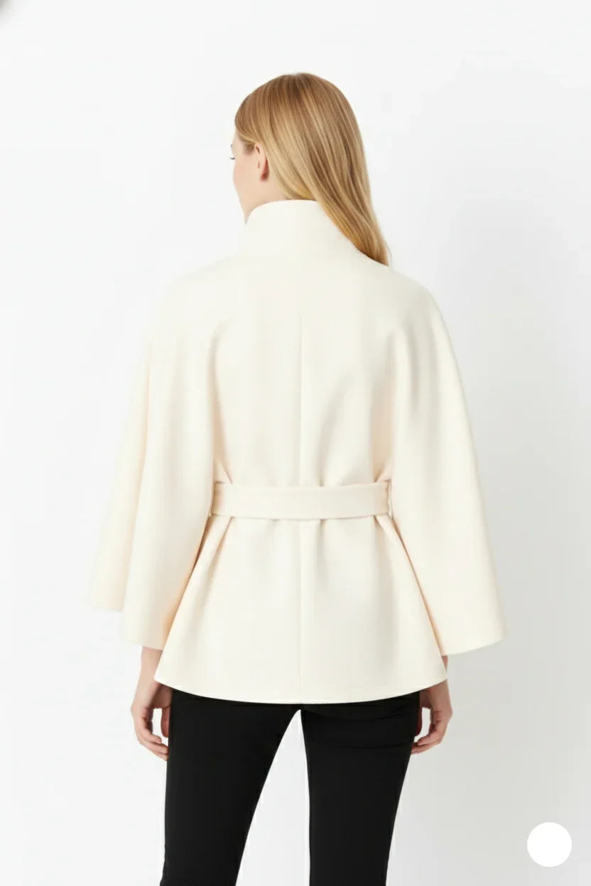 Adèle - Manteau en laine femme, col haut, cape ceinturée