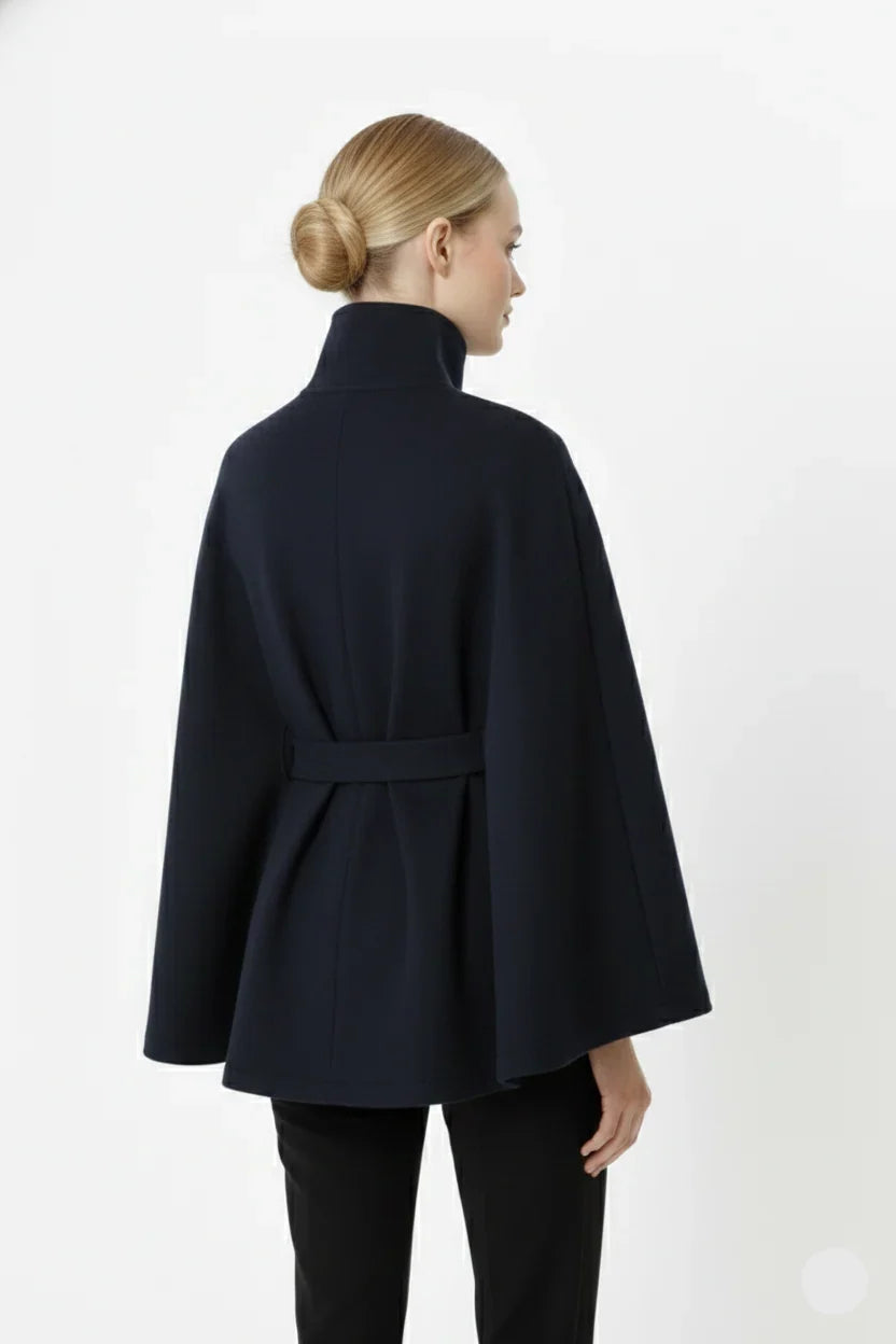 Adèle - Manteau en laine femme, col haut, cape ceinturée