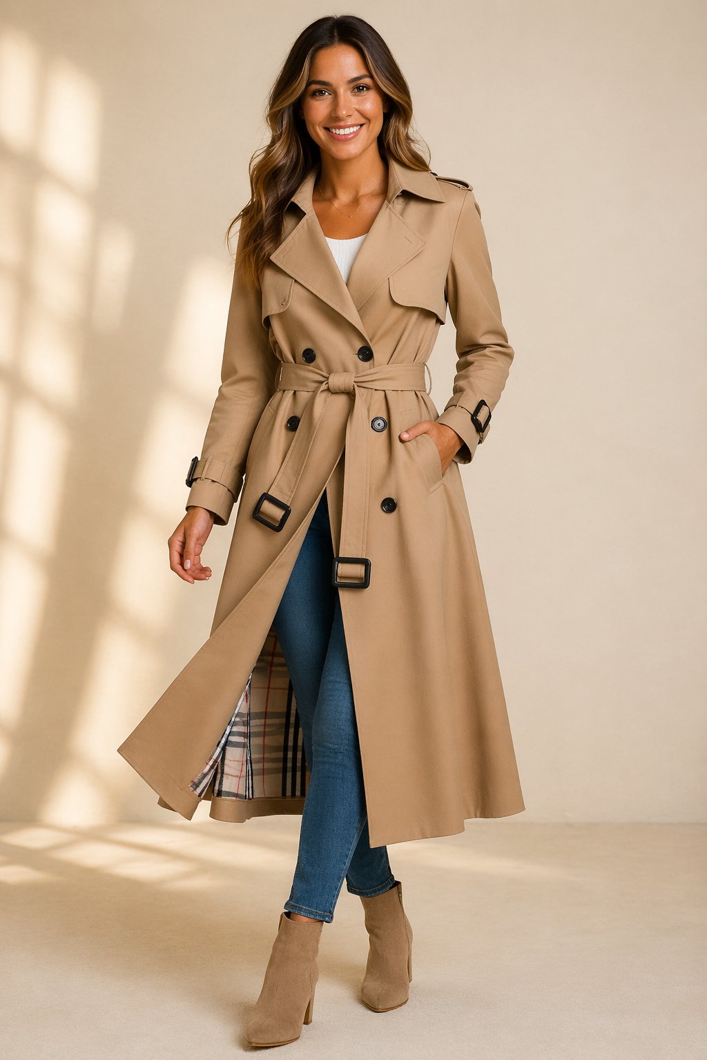 Élisa - Trench femme croisé à ceinture, coupe longue