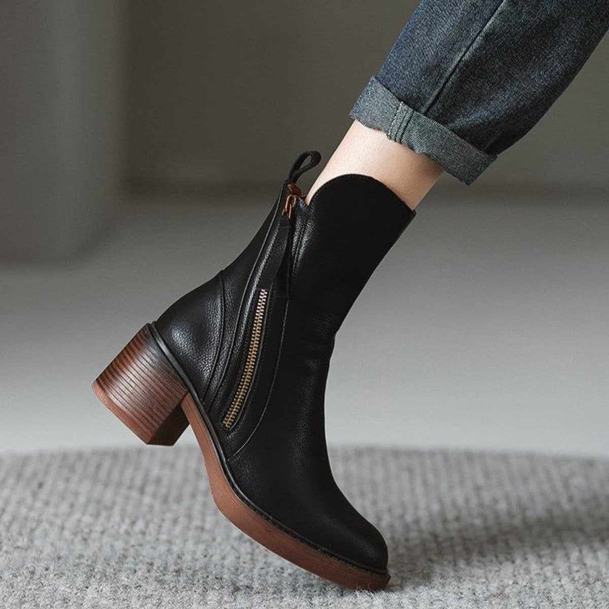 Romane - Bottines femme aspect cuir, zip et talon